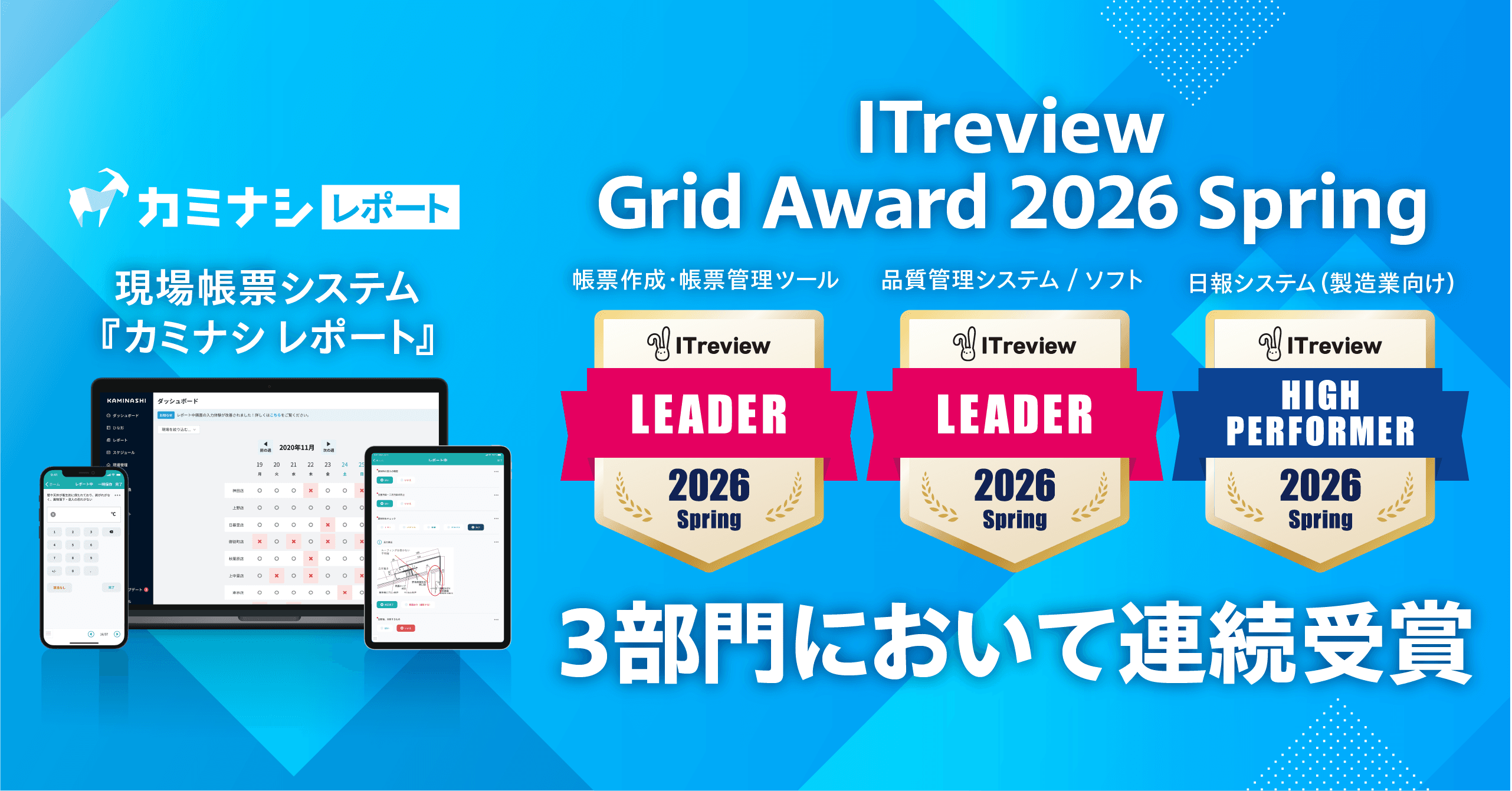 現場帳票システム『カミナシ レポート』が 「ITreview Grid Award 2026 Spring」の3部門において連続受賞