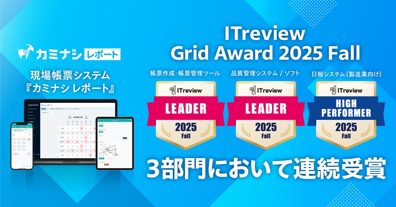 現場帳票システム『カミナシ レポート』が「ITreview Grid Award 2025 Fall」の3部門において連続受賞