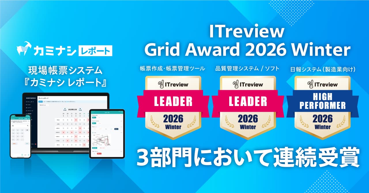 『カミナシ レポート』が「ITreview Grid Award 2026 Winter」の3部門において連続受賞