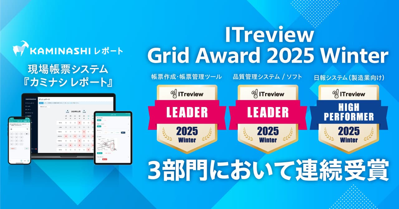 現場帳票システム『カミナシ レポート』が「ITreview Grid Award 2025 Winter」の3部門において連続受賞